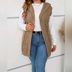 Women's Cable Knit Tan Hooded Sweater Vest New Sz XL